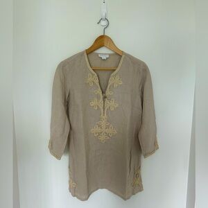 Charter club 100% linen gold embroidered tunic